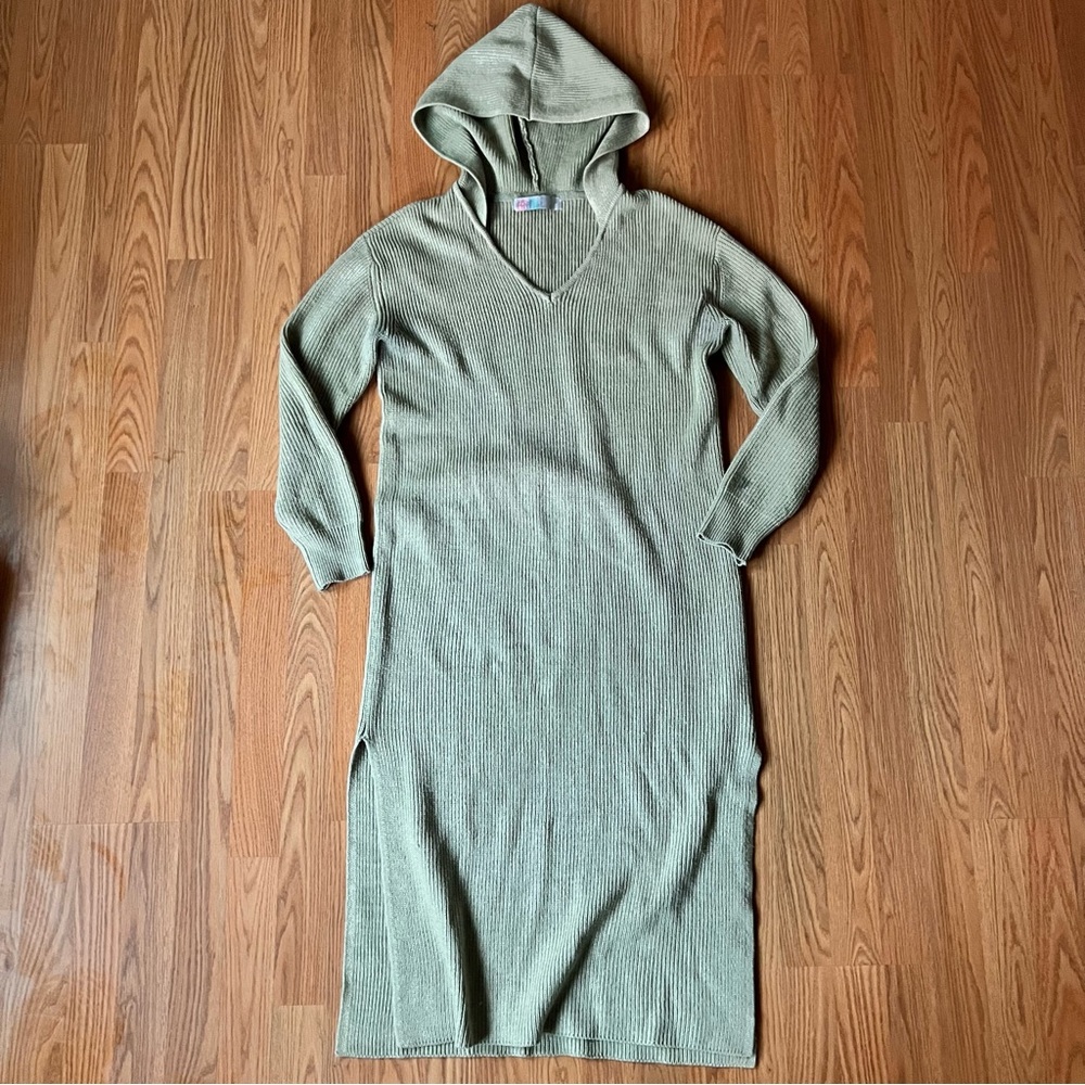 Free People Beach Grey Green Claudia Beach Hooded Sweater Midi Dress Sz Small